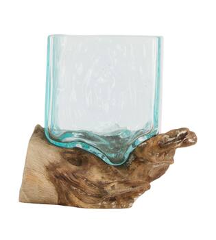 Root teak wood with glass 22x12x15cm - Natural