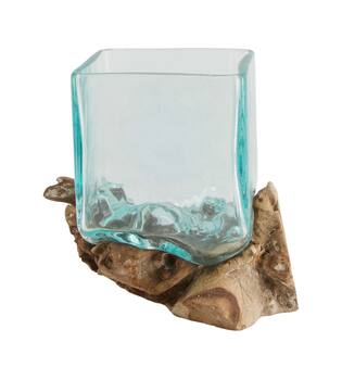 Root teak wood with glass 22x12x15cm - Natural