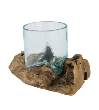 Root teak wood with glass 27x16x16cm - Natural