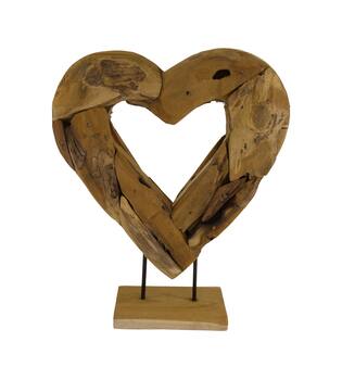 Statue heart open erosion wood on stand 38x12x48cm - Natural