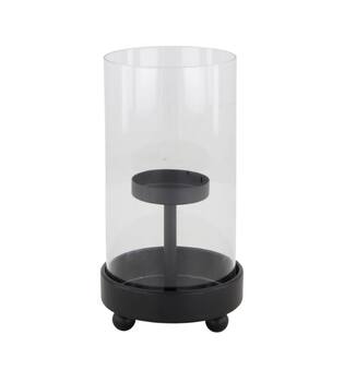 Tealight holder metal with glass 9.5x9.5x17.5cm - Black