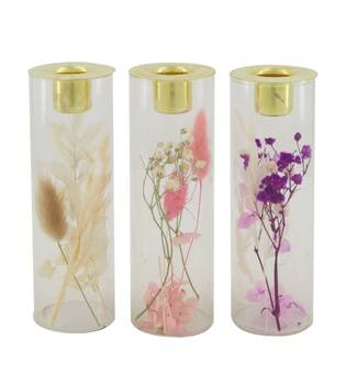 Dinnercandle holder with dried flowers glass 5x5x15cm C3 - Pink