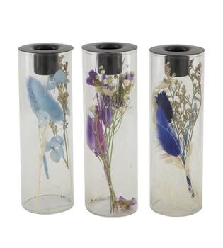 Dinnercandle holder with dried flowers glass 5x5x15cm C3 - Blue