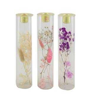 Dinnercandle holder with dried flowers glass 5x5x22cm C3 - Pink