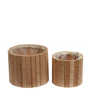 Planter round poplar wood with plastic 27x27x22cm S/2 FSC 100%
