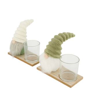 Tealight holder gnome on tray mdf with glass 17.5x8x22cm C/2 FSC 100%