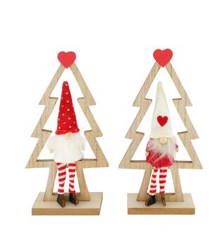 Figurine gnome fabric in wooden tree mdf 14x5x28cm FSC 100% - Red