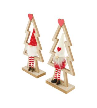 Figurine gnome fabric in wooden tree mdf 14x5x28cm FSC 100% - Red
