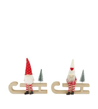 Figurine gnome fabric on sleigh mdf 20x2x19cm  FSC 100% - Red