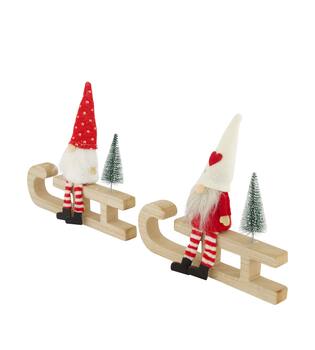 Figurine gnome fabric on sleigh mdf 20x2x19cm  FSC 100% - Red