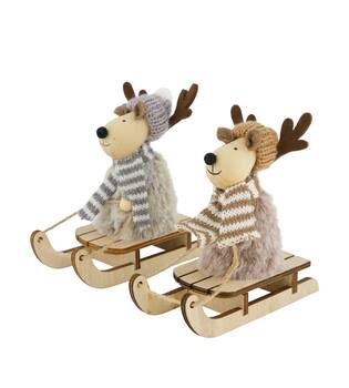 Figurine reindeer fabric on sleigh plywood 13x5.5x12cm C/2 FSC 100%