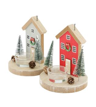 Tealight holder house mdf with glass 12x12x12cm C/2 FSC 100%