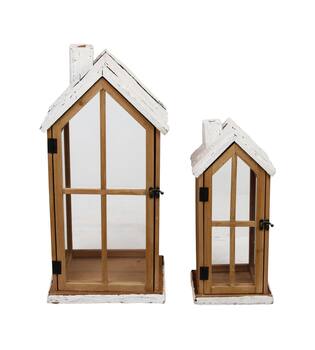 Lantern house fir wood with glass 28x21x57cm S/2 FSC 100%