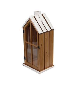 Lantern house fir wood with glass 28x21x57cm FSC 100% - Brown