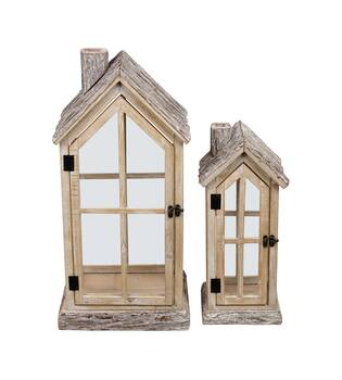 Lantern house fir wood with glass 28x21x57cm  FSC 100% - Natural