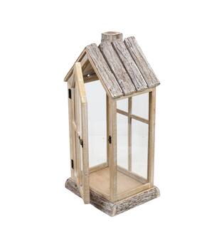 Lantern house fir wood with glass 28x21x57cm S/2 FSC 100%