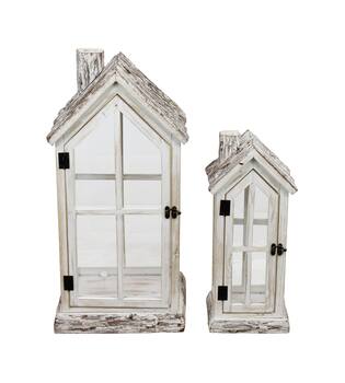 Lantern house fir wood with glass 28x21x57cm S2 FSC 100% - White