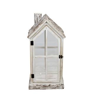 Lantern house fir wood with glass 28x21x57cm S2 FSC 100% - White