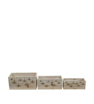 Planter rectangular snowflake pine wood with plastic 28x14x14cm S/3 FSC 100%
