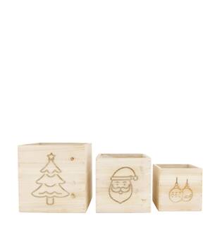 Planter square christmas pine wood with plastic 18x18x18cm S/3 FSC 100%