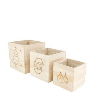 Planter square christmas pine wood with plastic 18x18x18cm S/3 FSC 100%