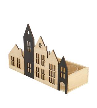 Tealight holder house pine wood with glass 28x10x18cm FSC 100%