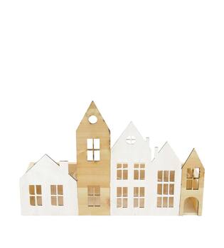 Tealight holder house pine wood with glass 28x10x18cm FSC 100% - Natural