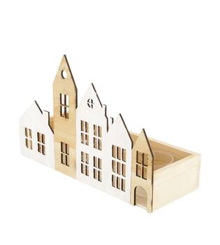 Tealight holder house pine wood with glass 28x10x18cm FSC 100% - Natural