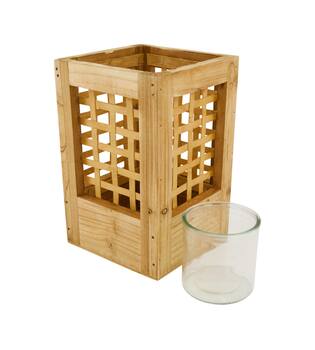 Lantern poplar wood with glass 18x18x28cm FSC 100% - Natural