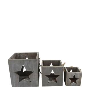 Lantern square star fir wood 18x18x19cm S3 FSC 100% - Grey